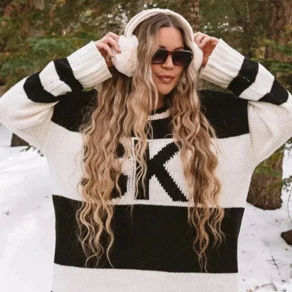 Show Me Your Mumu SKI Black and White Knit Chunky Sweater Oversized Size Small - Picture 2 of 11